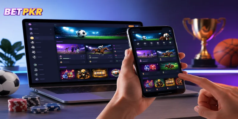 A clean interface displaying the BETPKR platform overview on mobile and desktop devices.