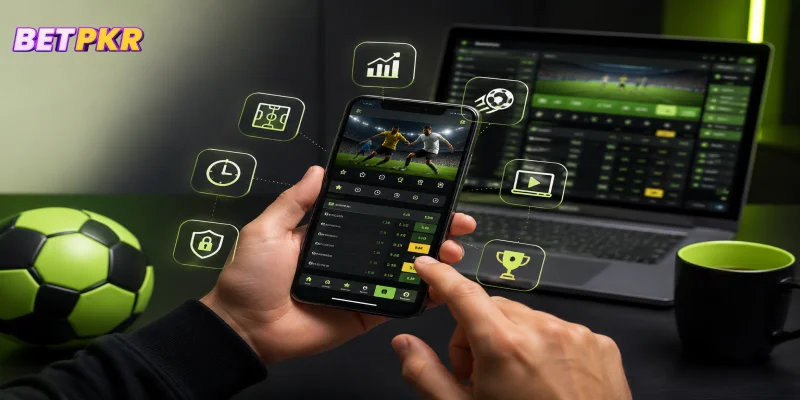 A detailed App Features Review displaying the BETPKR user interface on a smartphone screen.