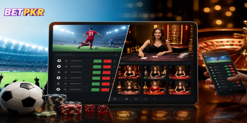 A split-screen view of sports betting odds and live casino streams on a mobile device.