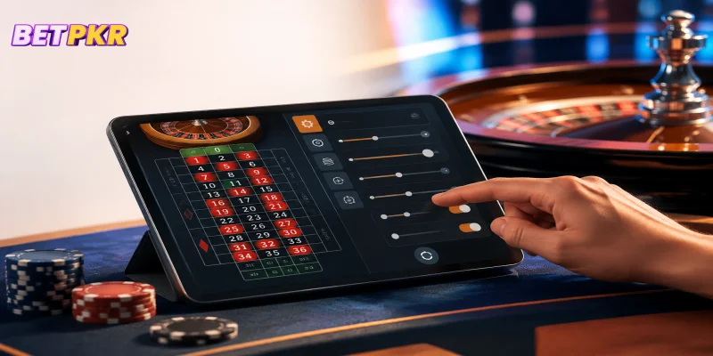 Close up of a tablet showing automated betting settings in a roulette game.