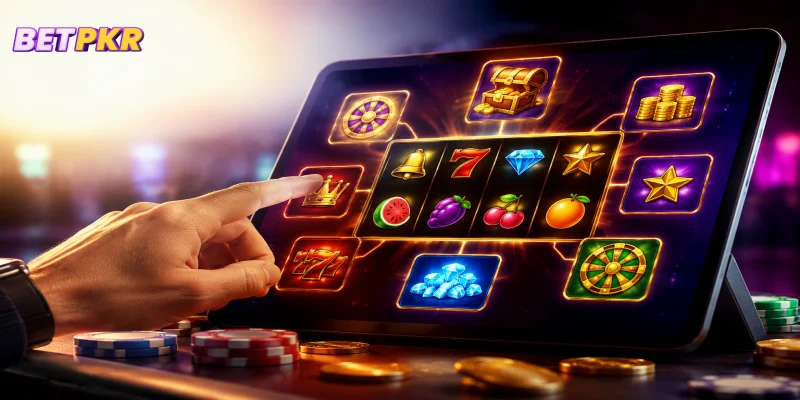 Interactive slot machine interface with Features Explained on the game information screen.